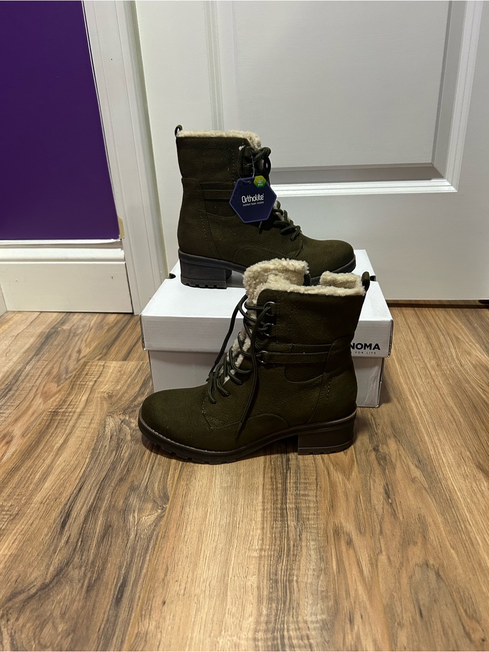 Sonoma Platypus Women's Boots Size 6.5 M Olive Green Faux Fur Combat NIB⁠